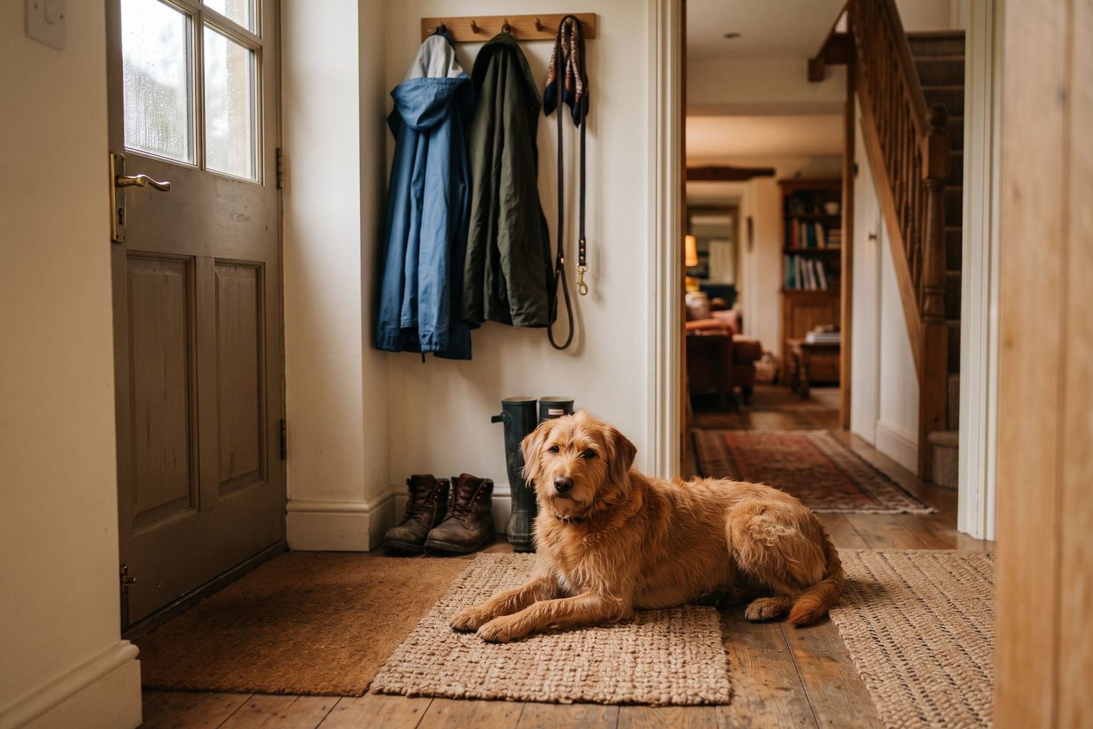 A golden-brown dog resting on a mat inside a front door, with a leash on a hook and rain jackets on pegs
